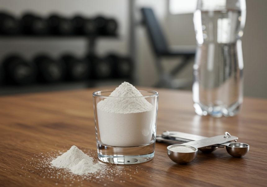 Sklenená nádoba s kreatínovým práškom na drevenom stole, pozadie s činkami.