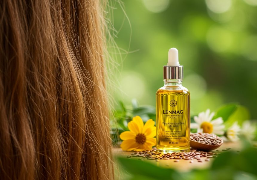 Fľaša ľanového oleja vedľa dlhých hnedých vlasov a kvetov.