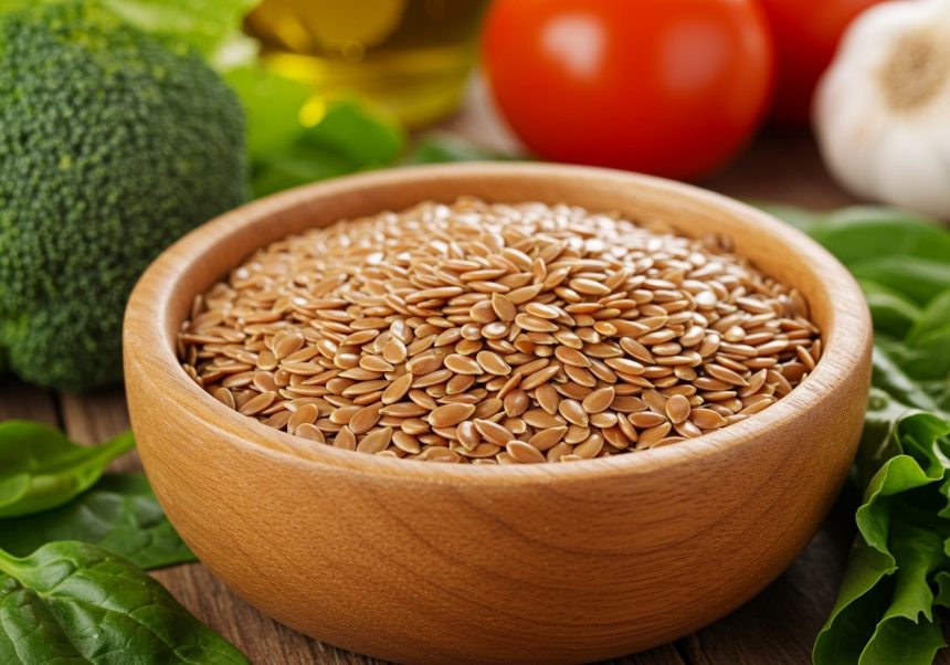 Miska plná ľanových semienok obklopená čerstvou zeleninou.