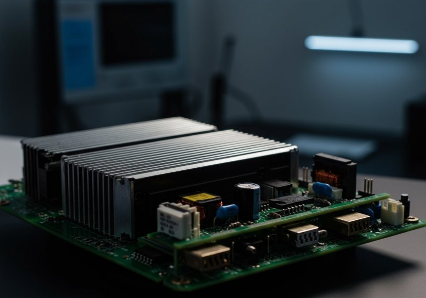 Detailný pohľad na LCD invertor s chladičmi a elektronickými komponentmi.