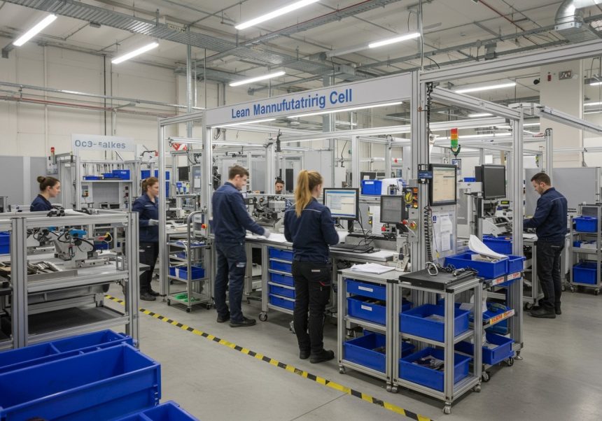 Pracovníci v lean výrobnej bunke, zameraní na efektivitu a elimináciu plytvania.