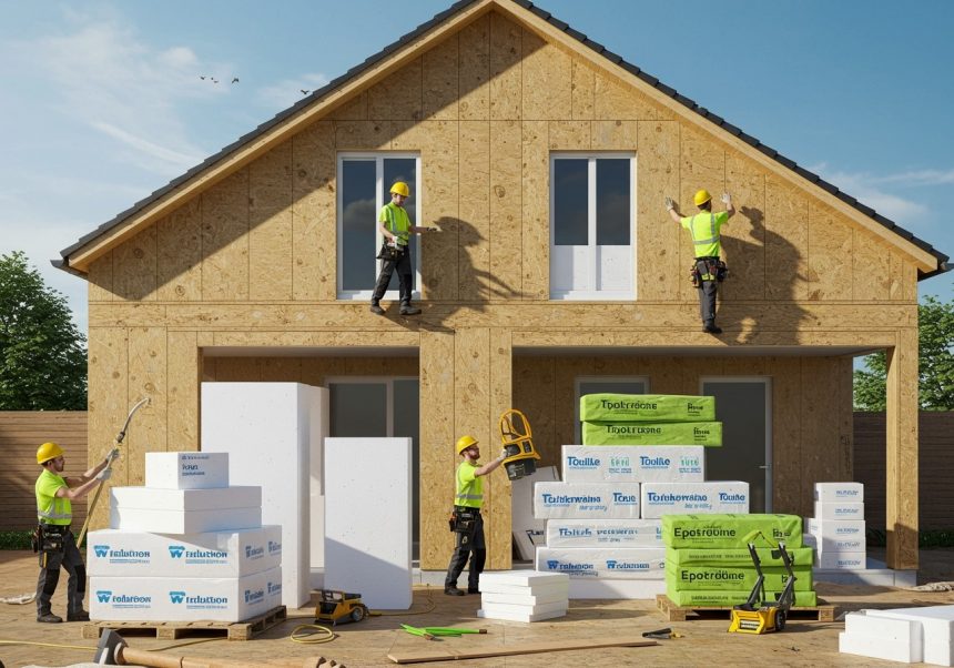 Pracovníci zatepľujú dom ekologickými materiálmi bez polystyrénu.