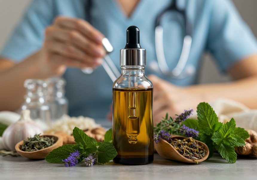 Fľaša s olejom a bylinkami, ktoré sa používajú na liečbu svrabu.