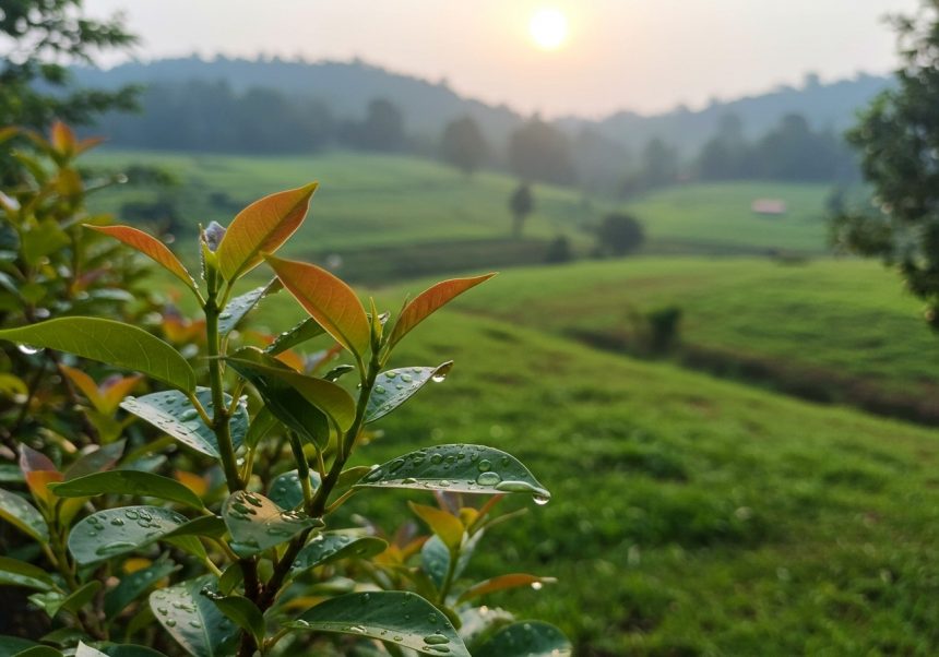 Rastlina s kvapkami rosy na listoch, pozadie s rozprávkovou krajinou a východom slnka.