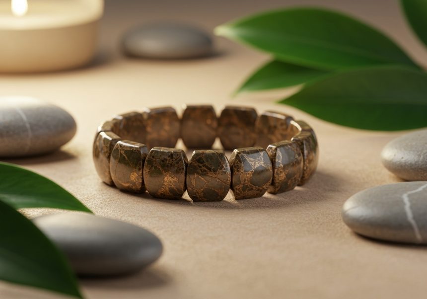Magnesitový náramok na jemnom pozadí s kameňmi a listami.