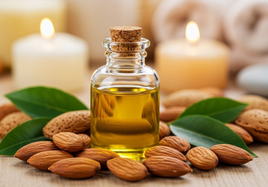 Fľaša mandľového oleja obklopená mandľami a sviečkami na drevenej doske.