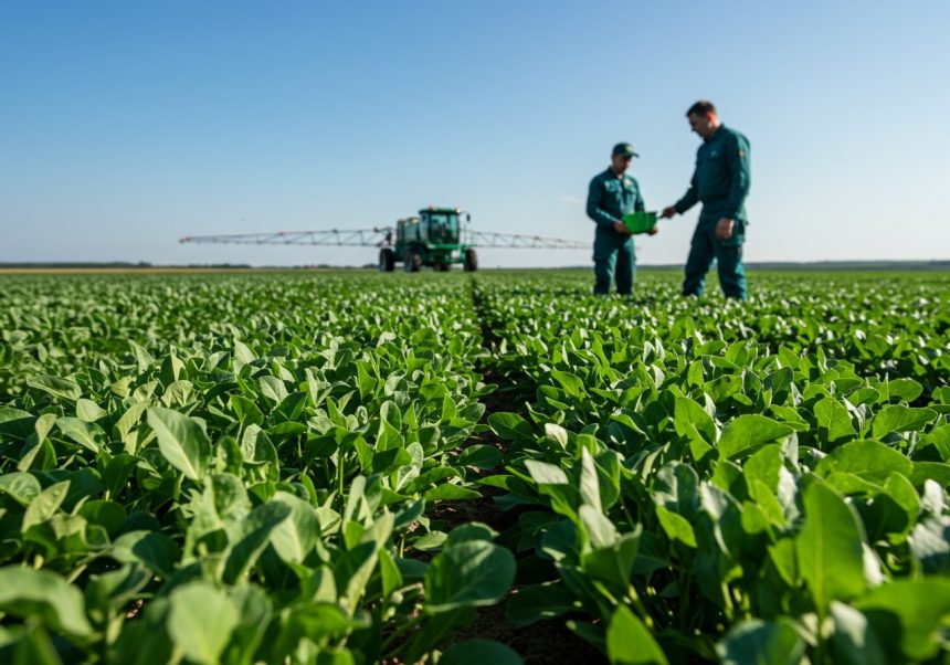 Dva poľnohospodári kontrolujú zdravie rastlín na poli s mankozebom.