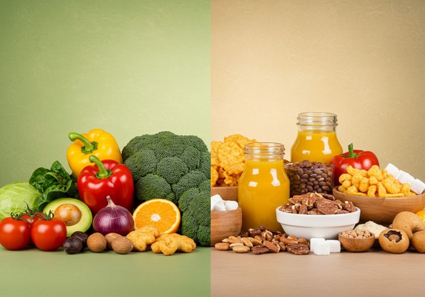 Zelenina a ovocie na jednej strane, sladkosti a nápoje na druhej strane.