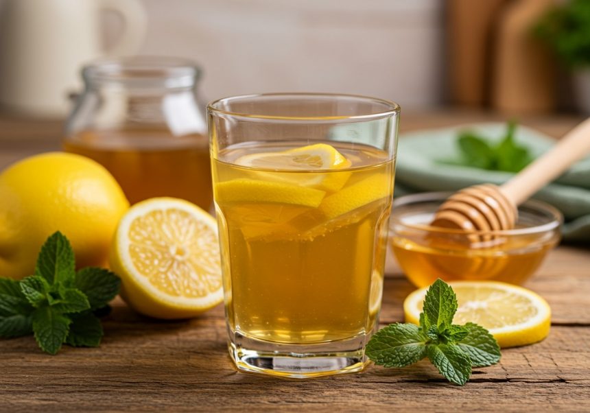 Sklenený pohár medovej vody s citrónom a mätou na drevenom stole.