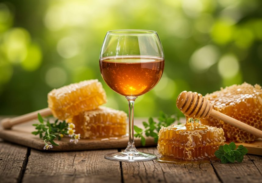 Sklenený pohár medoviny vedľa plástov medu na drevenom stole.