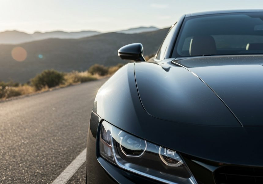 Detailný pohľad na čierne auto s metalickým lakom na ceste v prírode.