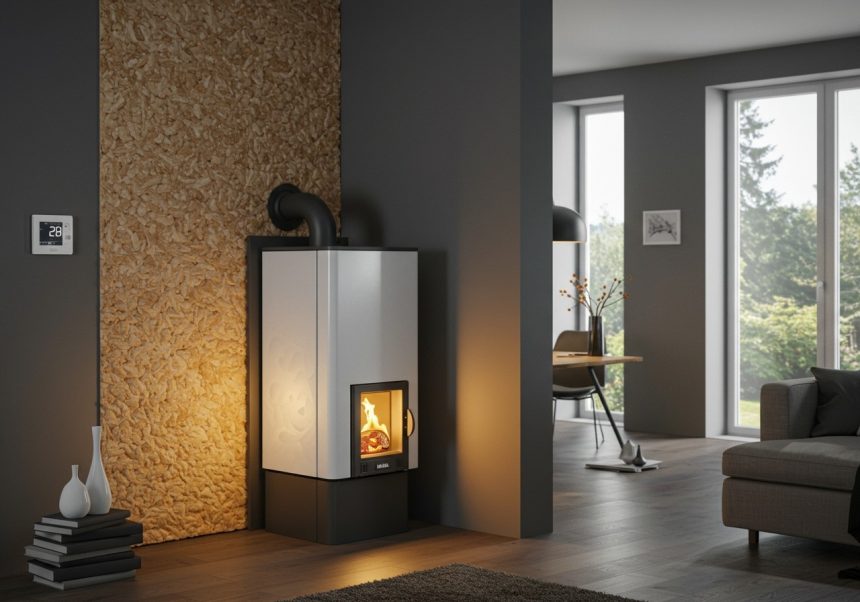 Moderný Mika kotol s plameňom, umiestnený v útulnom obývacom priestore.
