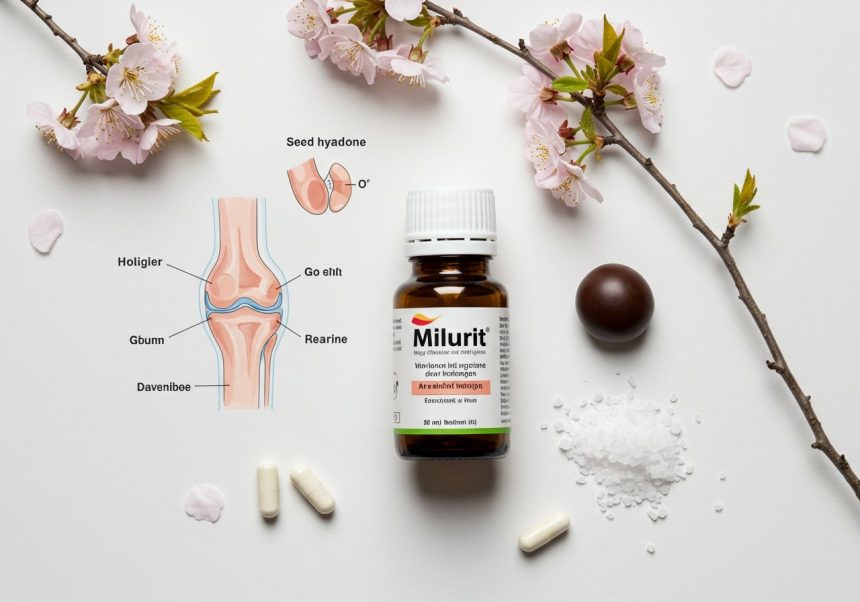 Fľaša lieku Milurit, kapsuly, soľ a ilustrácia kĺbu na bielom pozadí.