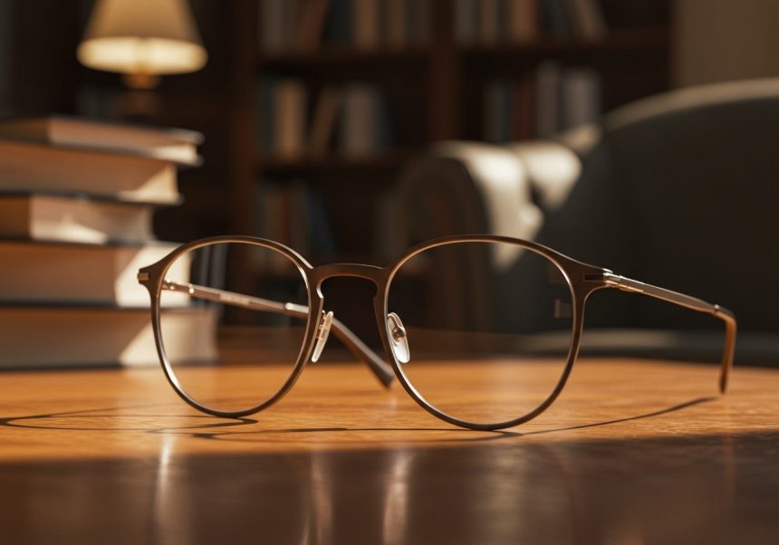 Multifokálne okuliare položené na drevenom stole vedľa kníh.