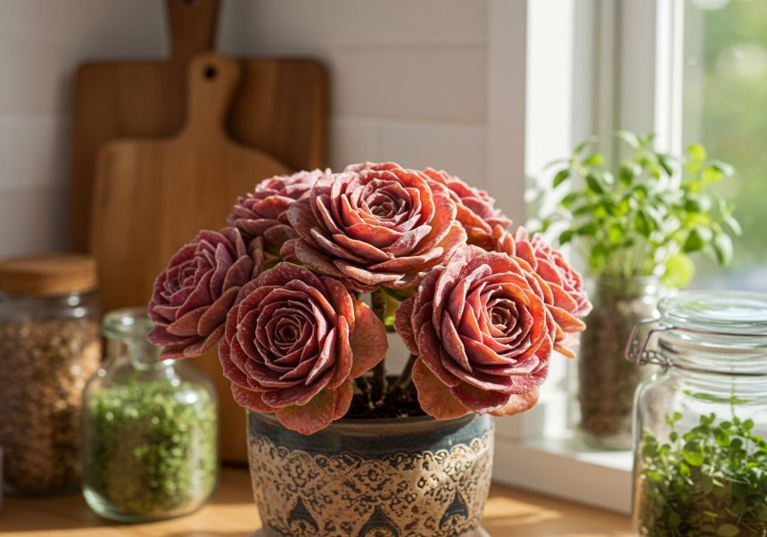 Rastlina netresk v kvetináči s ružovými listami, umiestnená na okne.