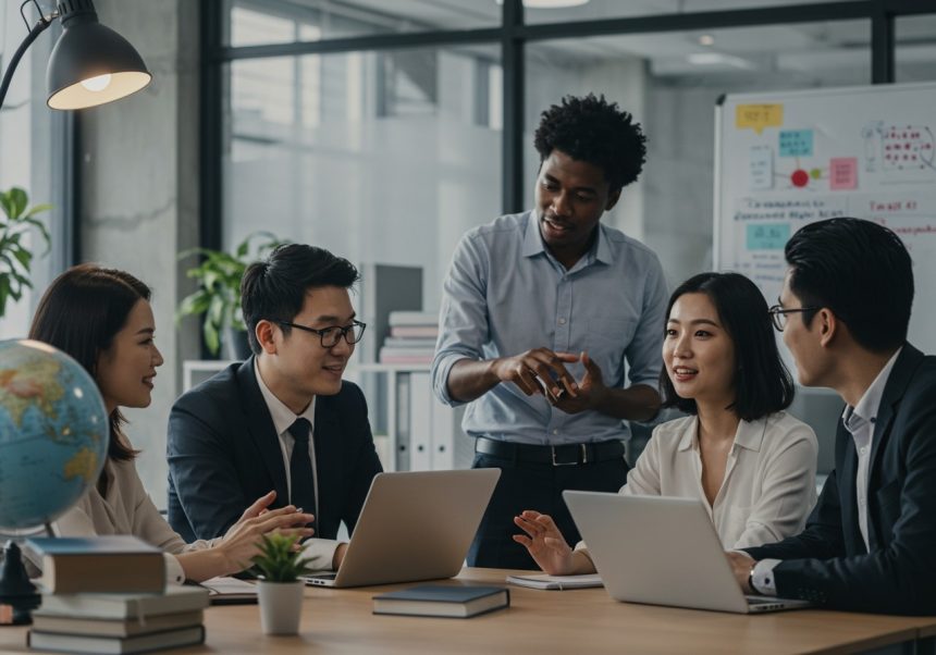 Skupina profesionálov diskutuje o projektoch v modernom kancelárskom prostredí.