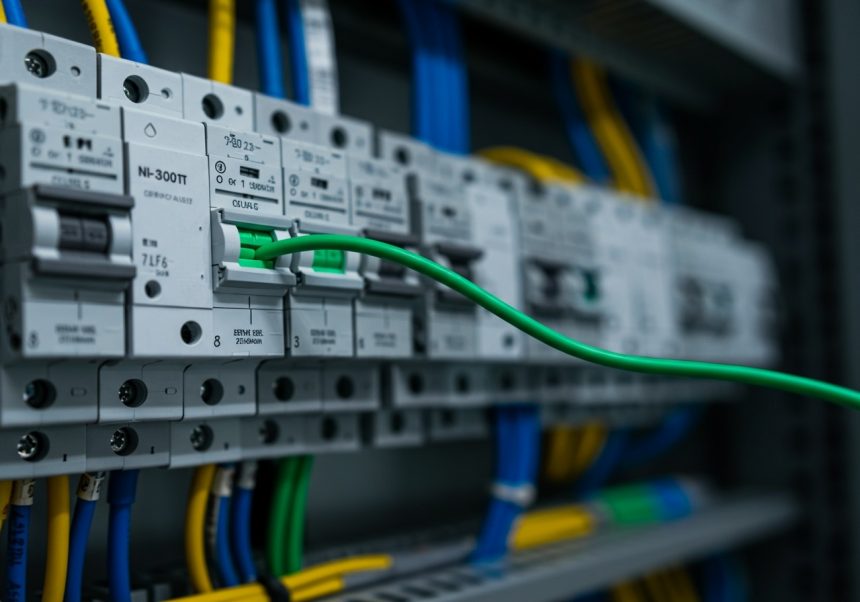 Detailný pohľad na elektrické rozvody so zeleným nulovým vodičom.