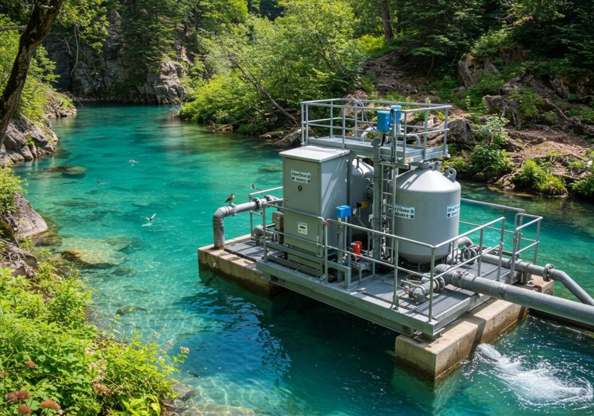 Odlučovač oleja umiestnený pri čistej vode v prírodnom prostredí.