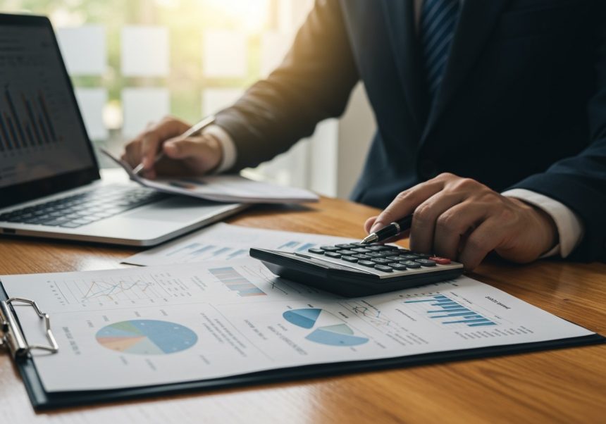 Podnikateľ analyzuje finančné údaje pomocou kalkulačky a laptopu.