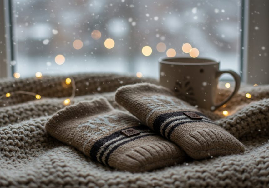 Dve pletené rukavice na teplom deke, s šálkou čaju a zasneženým oknom v pozadí.