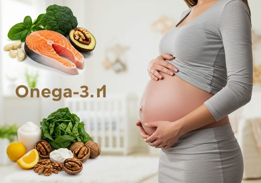 Tehotná žena s bruškom, okolo nej potraviny bohaté na omega-3.