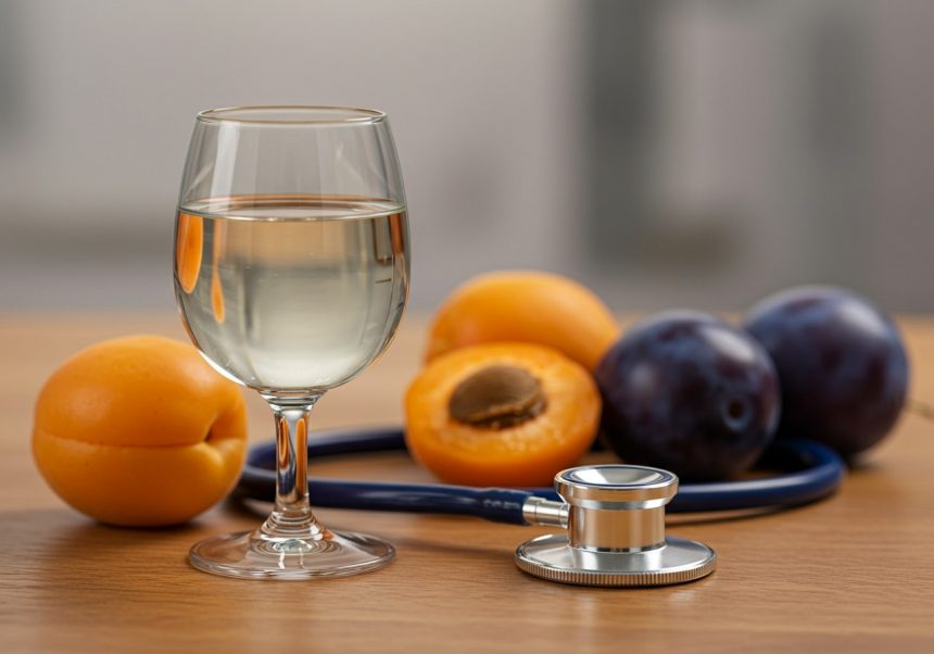 Sklenený pohár s pálenkou vedľa ovocia a stetoskopu na drevenom stole.