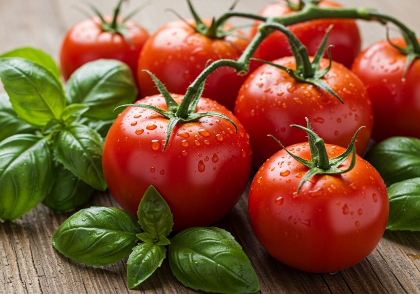 Čerstvé, šťavnaté paradajky s kvapôčkami vody a bazalkou na drevenom stole.