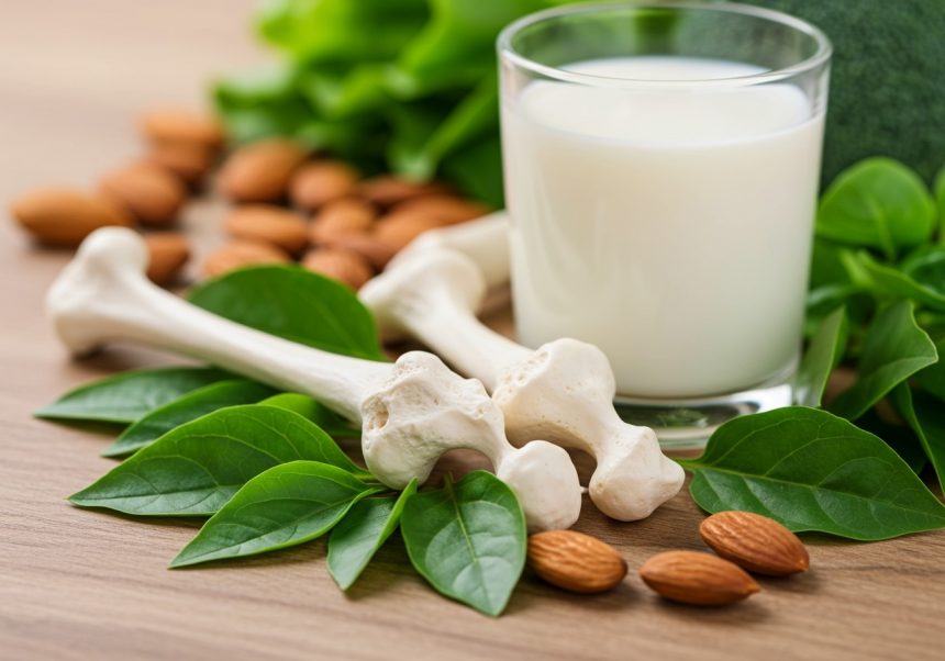 Mlieko, mandle a kostné vzorky na zelených listoch na drevenej doske.