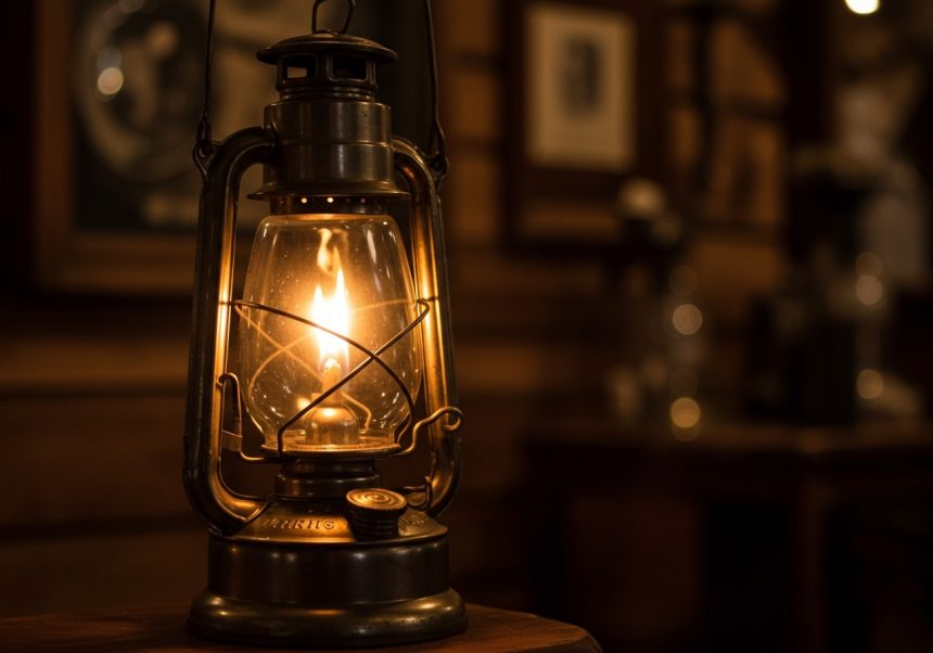 Petrolejová lampa so žiariacim plameňom, umiestnená na drevenom stole.