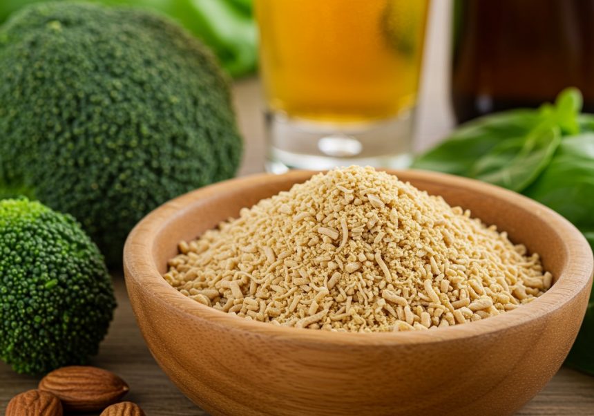 Miska s pivovarským droždím obklopená brokolicou a mandľami.