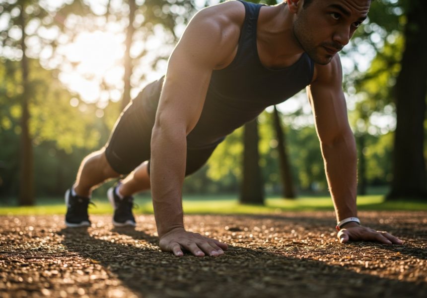 Muž vykonáva plank v parku, posilňuje telo a myseľ.