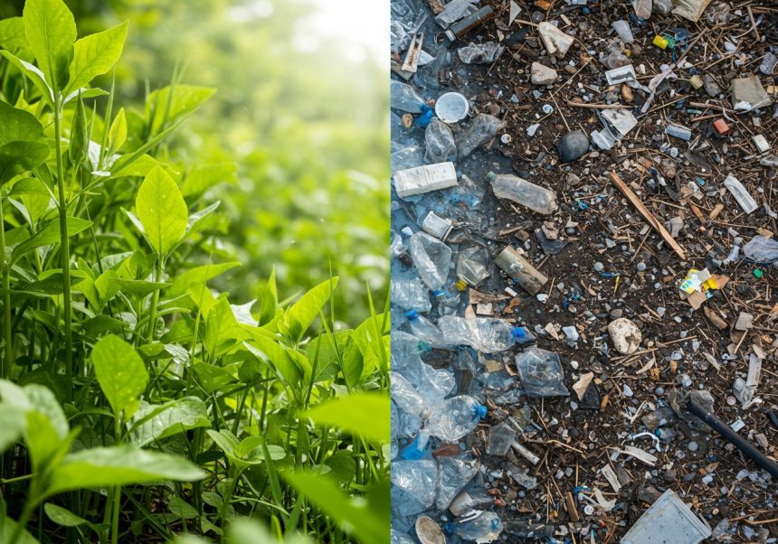 Zelené rastliny na ľavej strane a plastový odpad na pravej strane.