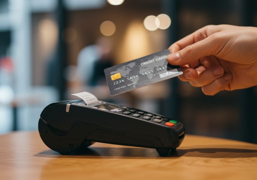 Ruka drží kreditnú kartu nad platobným terminálom na drevenom stole.