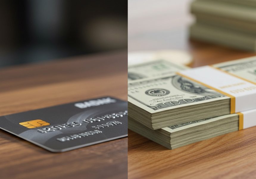 Platobná karta a zväzok bankoviek na drevenom stole.