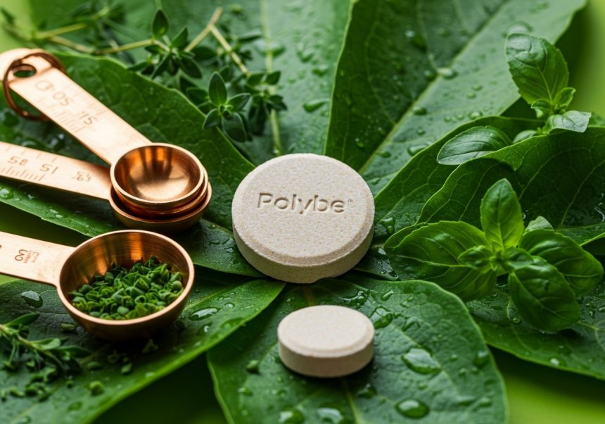 Polybe tablety na zelených listoch, vedľa meracích lyžíc és friss fűszernövények.