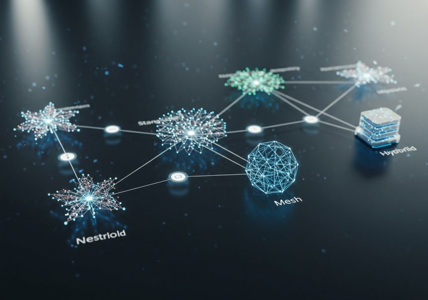 Vizualizácia rôznych sieťových topológií, ako sú mesh a hybrid, s prepojeniami.