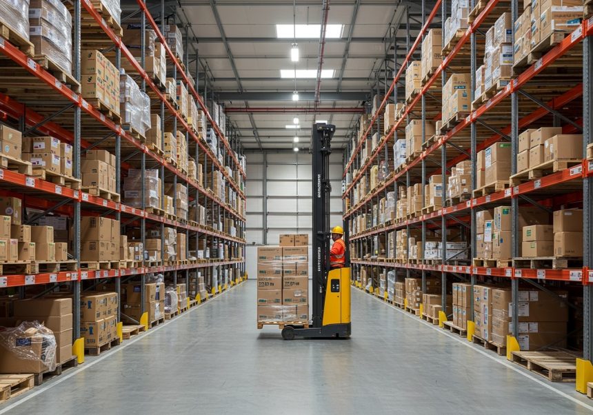 Sklad s vysokými regálmi, na ktorých sú uskladnené kartóny, a vysokozdvižný vozík.