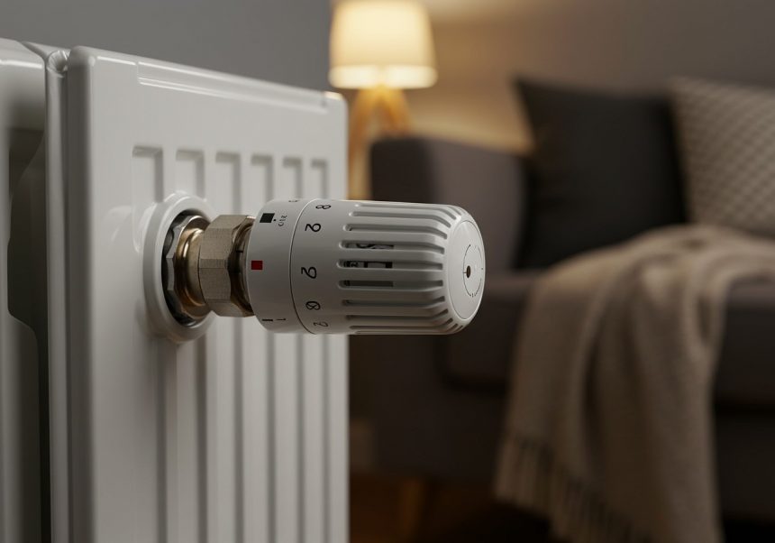 Detail termostatického ventilu na radiátore, ktorý reguluje teplotu v domácnosti.