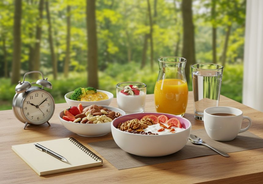 Rôzne zdravé raňajky na stole, vrátane ovocia, jogurtu a nápojov.