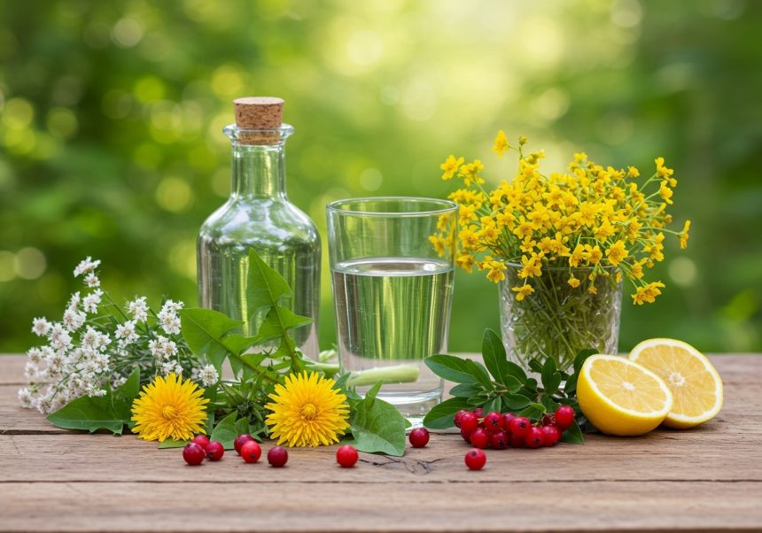 Sklenená fľaša, pohár vody, bylinky a citrón na drevenom stole.