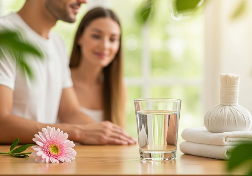 Pár relaxuje pri stole s pohárom vody a kvetom, symbolizujúcim zdravie a pohodu.