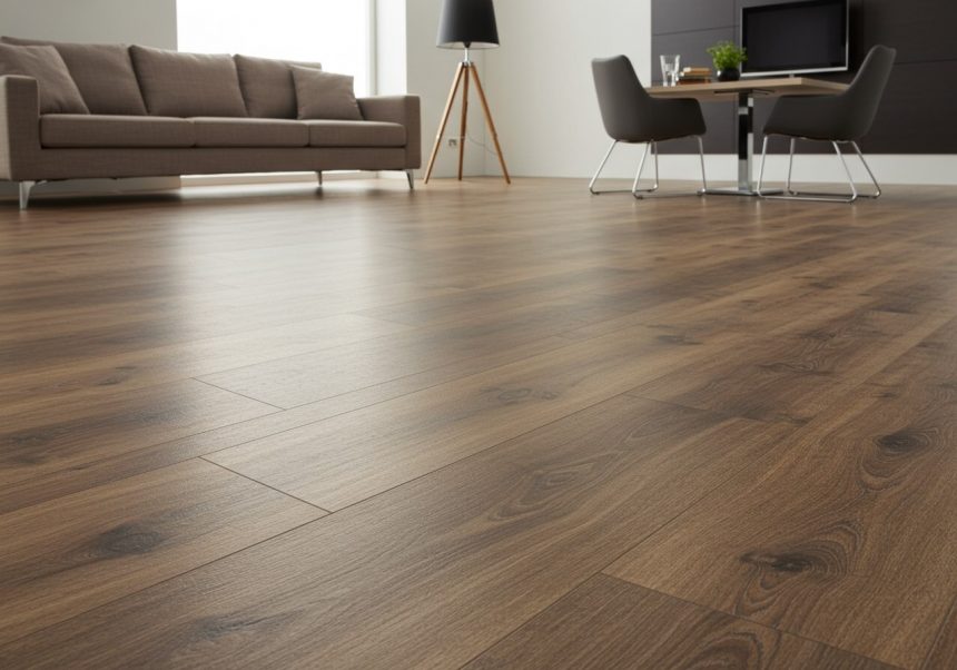 Moderná PVC podlaha s dreveným vzhľadom v obývacej izbe.