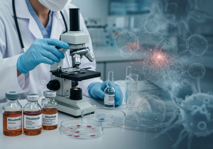 Laboratórny technik skúma vzorky pod mikroskopom s rituximabom.