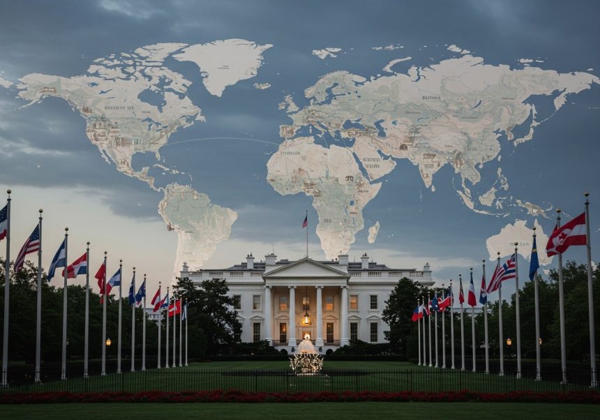 Biely dom a világ térképével a háttérben, szimbolizálva a globális politikai hatásokat.