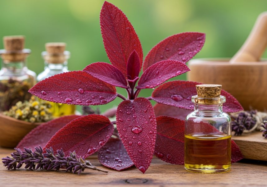 Červené listy šalvie červenokorennej s kvapkami vody a olejmi na drevenom stole.