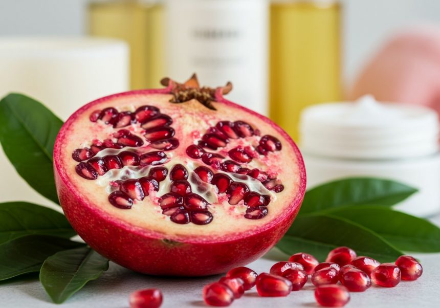 Polovička granátového jablka s jasnými semienkami a zelenými listami.