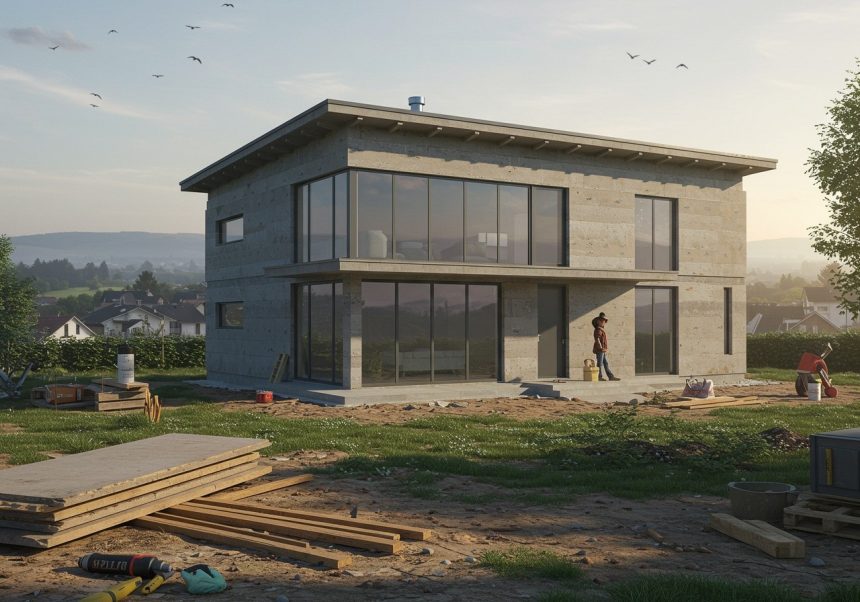 Moderný sendvičový dom s veľkými oknami a stavebným materiálom na pozadí.