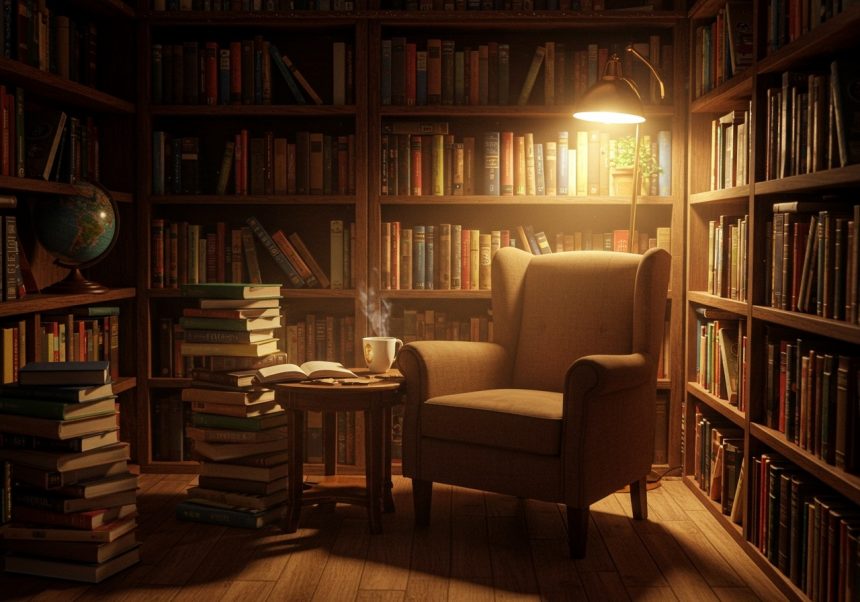 Pohodlné kreslo vedľa stola s knihami a šálkou kávy v knižnici.