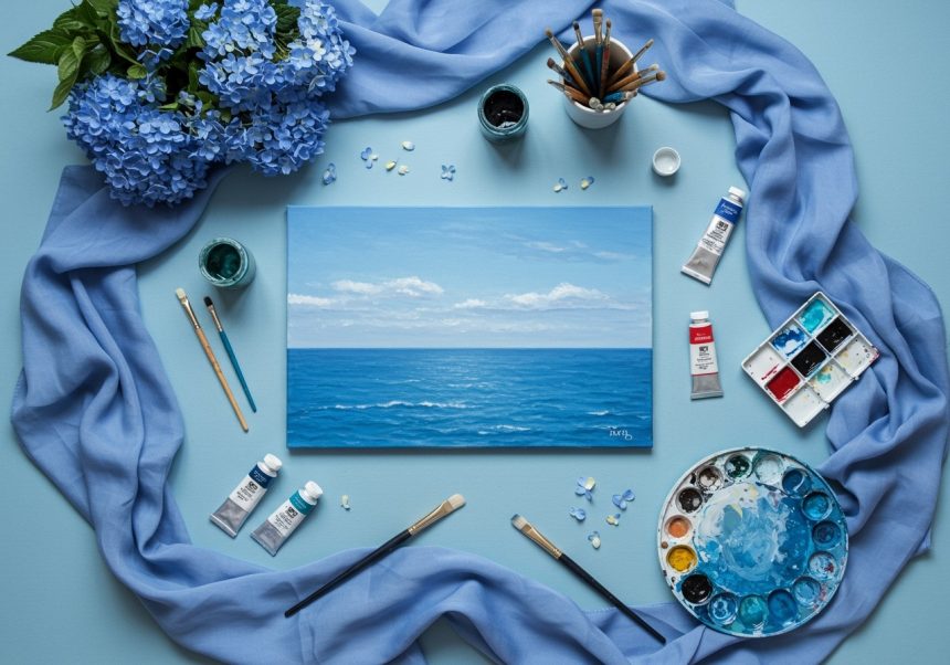 Modrá farba dominuje na obraze s morom, obklopená kvetmi a maliarskymi potrebami.
