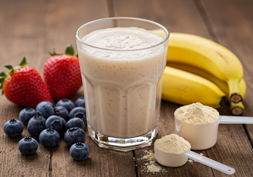 Sklenený pohár smoothie s ovocím, srvátkovým práškom a banánmi.